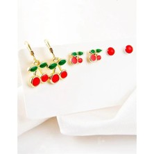 Euromoda Kiraz Tasarımlı Kırmızı Top Küpeli Vidalı ve Kancalı Kirazlı Gold Renkli Küpe Seti