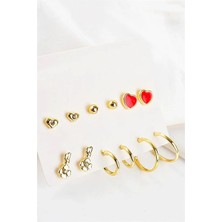 Euromoda Anahtar ve Kalp Tasarımlı Halka ve Tektaşlı Top Küpeli 12LI Küpe Seti