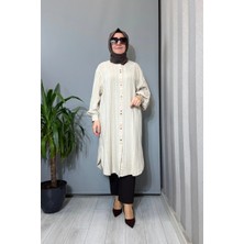 Ghisa Arkası Işleme Detaylı Keten Gömlek Bej Çizgili 3610T4088