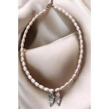 Euromoda Desenli Incili Melek Tasarımlı Gümüş Kaplamalı Inci Kolye