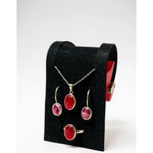 Euromoda 925 Ayar Özel Tasarımlı Kırmızı Oval Taşlı Gümüş Takım