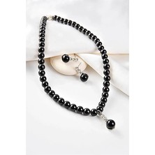 Euromoda Özel Tasarımlı Siyah Inci ve Zirkon Taşlı Kolye Küpe Takı Set