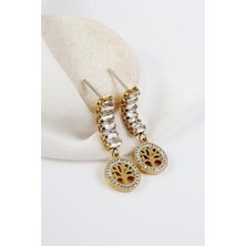 Euromoda Yaşam Ağacı Tasarımlı Zirkon Taşlı Gold ve Gümüş Kaplamalı Çelik Sallantılı Küpe