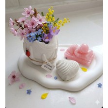 Doğal Dekoratif Beton  Tozu ve Mum Hediyelik Seti – Pembe & Beyaz Konsept