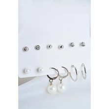 Euromoda Sallantılı Incili Top Incili ve Halka Küpeli Tektaşlı Top Küpeli 12LI Küpe Seti