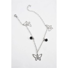 Euromoda Çelik Kelebek ve Siyah Boncuklu Figürlü Çelik Halhal Ayak Aksesuarı