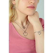 Euromoda Kalp Tasarımlı 2li Zincirli Kolye Küpe ve Bileklik Takımı