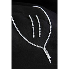 Euromoda Özel Zirkonium Taşlı Gümüş Kaplamalı Kolye Küpe Abiye Takım Seti