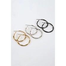 Euromoda Gold Gümüş ve Siyah Renkleri 3'lü Halka Küpe Seti