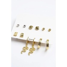 Euromoda Pac-Man Figürleri Tasarımlı Gold Renkli Desenli Halka Tektaş ve Top Küpeli 6lı Unisex Küpe Seti