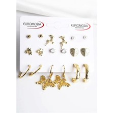 Euromoda Kelebekli Yıldız Kalp ve Ceylan Tasarımlı Inci Zirkon Halka ve Top Küpeli 9lu Küpe Seti