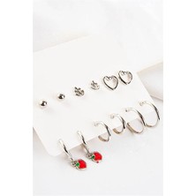 Euromoda Kalp Çapa ve Elma Tasarımlı Halka ve Tektaşlı Top Küpeli 12LI Küpe Seti