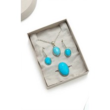 Euromoda Özel Tasarımlı  925 Ayar Gümüş  Mavi  Oval Taşlı Siyah Çizgili Takım