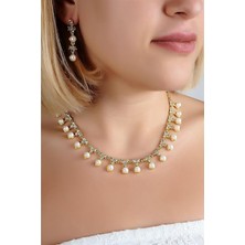 Euromoda Özel Tasarımlı Turkuaz Taşlı ve Zirkon Taşlı Kolye Küpe Takı Seti