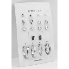 Euromoda Kaktüs ve Taç Tasarımlı Zirkon Tektaş ve Incili Top Küpeli Yüksek Kaliteli 10LU Küpe Seti