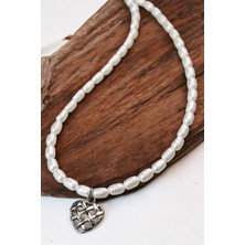 Euromoda Desenli Incili Kalp Tasarımlı Gümüş Kaplamalı Inci Kolye