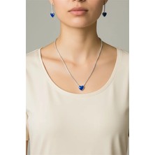 Euromoda Özel Tasarımlı Stras Taşlı Kalp Desenli Gümüş Kaplamalı Su Yolu Kolye Küpe Set