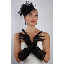 Hayalperest Boncuk Siyah Saten Fiyonklu Gelin Eldiveni Düğün Nikah Aksesuarı Fascinator Şapka Seti