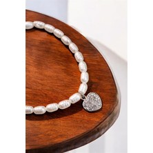 Euromoda Desenli Incili Kalp Tasarımlı Gümüş Kaplamalı Inci Kolye