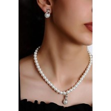 Euromoda Özel Tasarımlı Inci ve Zirkon Taşlı Kolye Küpe Takı Set