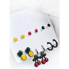 Euromoda Kiraz ve Ananas Tasarımlı Halka ve Çok Renkli Top Küpeli 12LI Küpe Seti