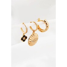 Euromoda Göz ve Çiçek Tasarımlı Halka Küpeli Gold Renkli Kancalı Sallantılı Küpe