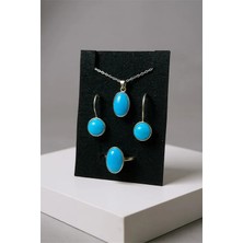 Euromoda Özel Tasarımlı  925 Ayar Mavi Gümüş Oval Taşlı Takım