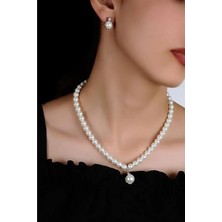 Euromoda Özel Tasarımlı Inci ve Zirkon Taşlı Kolye Küpe Takı Set