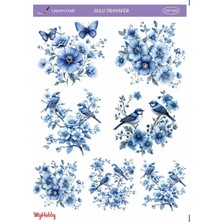 Lineart LNT609 Mavi, Çiçek, Kuş Desenli 25*35 cm Açık Zemin Sulu Transfer