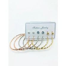 Euromoda Kıvrımlı Halka Tasarımlı Gold Gümüş ve Rose Renk Zirkon Inci ve Top Küpeli Küpe Seti