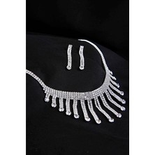 Euromoda Özel Stras Taşlı Gümüş Kaplamalı Kolye Küpe Abiye Takım Seti