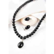 Euromoda Özel Tasarımlı Siyah Inci ve Zirkon Taşlı Kolye Küpe Takı Set