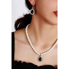 Euromoda Damla Tasarımlı Inci ve Siyah Zirkon Taşlı Kolye Küpe Takı Set