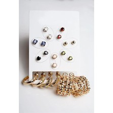 Euromoda Halka Tektaş ve Top Küpeli Zirkon Taşlı Gold ve Gümüş Kaplamalı 10LU Küpe Seti