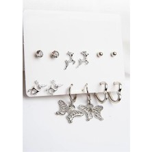 Euromoda Kelebek Geyik Ceylan Tasarımlı Kalp Küpeli Top ve Tektaş Küpeli 6'lı Küpe Seti