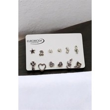 Euromoda Yıldız Kiraz Sol Anahtarı Kalp Anahtar ve Gitar Tasarımlı Inci Tektaş ve Top Küpeli 6lı Küpe Seti