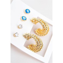 Euromoda Zirkonium Nazarlık Tasarımlı Halka ve Tektaş Küpeli 6lı Küpe Seti