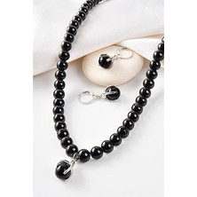 Euromoda Özel Tasarımlı Siyah Inci ve Zirkon Taşlı Kolye Küpe Takı Set