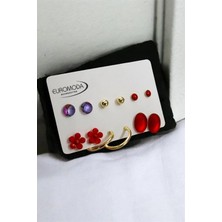 Euromoda Halka Papatya Rengarek Küpe Tasarımlı Top ve Tektaşlı 6lı Kırmızı Küpe Seti