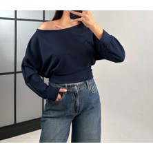 Stil Center Kayık Yaka Modal Kumaş Lacivert Kadın Bluz