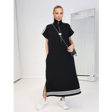 Qimya Butik Buketli Kadın Omzu ve Etek Ucu Şeritli Fermuarlı Dik Yakalı Cepli Aykollu Oversize Bol Kalıp Elbise