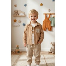 Cattac Kids Erkek Bebek %100 Pamuk 3'lü Takım Fitilli Gömlek, Baskılı Tişört ve Çizgili Pantolon