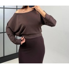 Stil Center Kayık Yaka Modal Kumaş Kahverengi Kadın Bluz