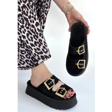 Kazax Coer Siyah Süet Çift Tokalı Terlik