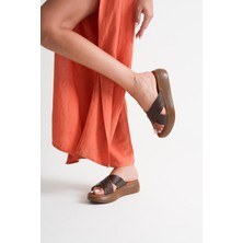 Alfaze Acı Kahve Hakiki Deri Örgü Desenli Günlük Rahat Şık Yazlık Terlik