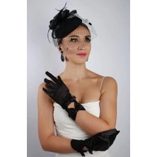 Hayalperest Boncuk Siyah Saten Fiyonklu Gelin Eldiveni Düğün Nikah Aksesuarı Fascinator Şapka Seti