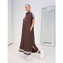 Qimya Butik Buketli Kadın Omzu ve Etek Ucu Şeritli Fermuarlı Dik Yakalı Cepli Aykollu Oversize Bol Kalıp Elbise