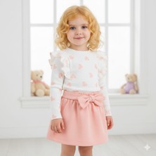 Misimisi Kız Çocuk Pembe Kalp Desenli 2’li Takım - Fırfır Detaylı Bluz ve Fiyonklu Etek Seti