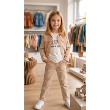 Puba Kalp Kids Kız Çocuk Kalp Detaylı Kot Takım - Mevsimlik Bej Denim Ceket & Pantolon Kombini