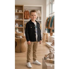 Terry Erkek Çocuk Bej Pantolonlu 3’lü Takım - Siyah Gömlek Ceket ve Baskılı Tişört Seti